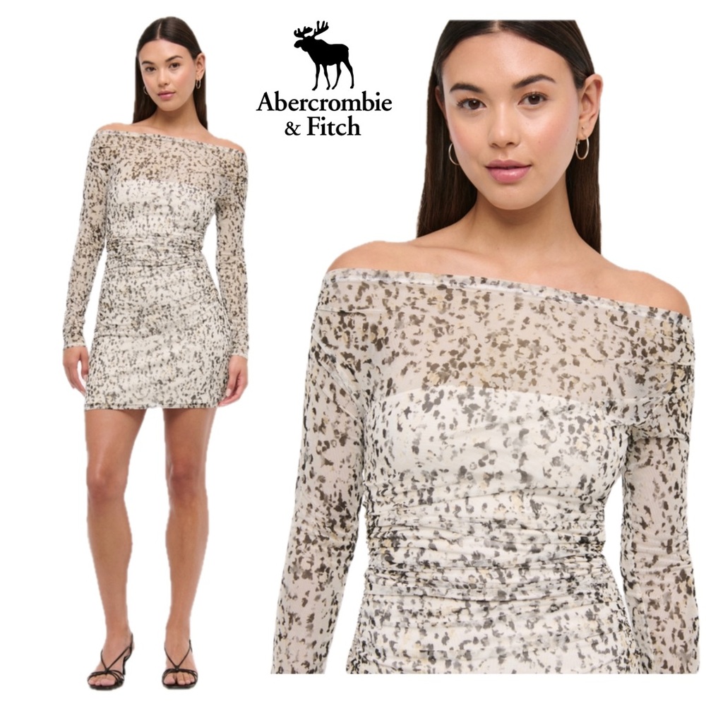 🆕 NWT Abercrombie Off-The-Shoulder Mesh Mini Dress in Leopard Print, Size S TALL
